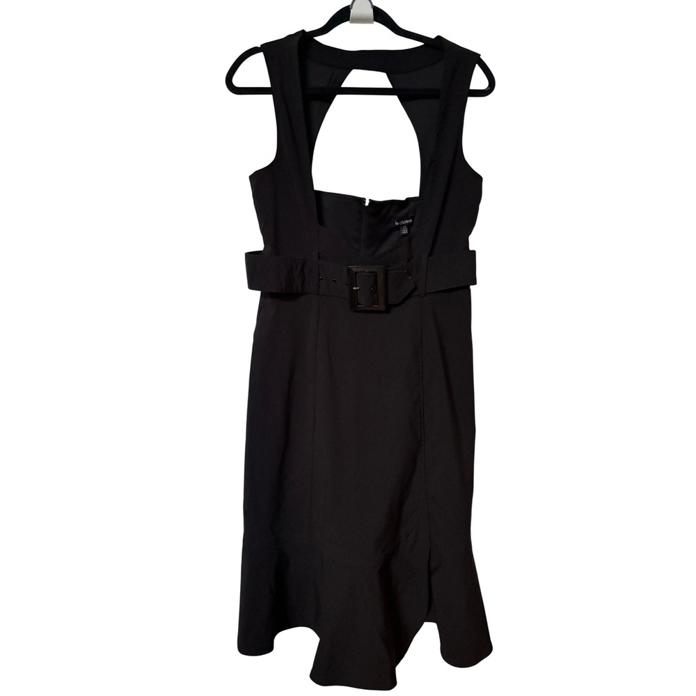 Y2K Le Chateau Black Belted Cutout Back Midi Dress Sleeveless Square Neck L